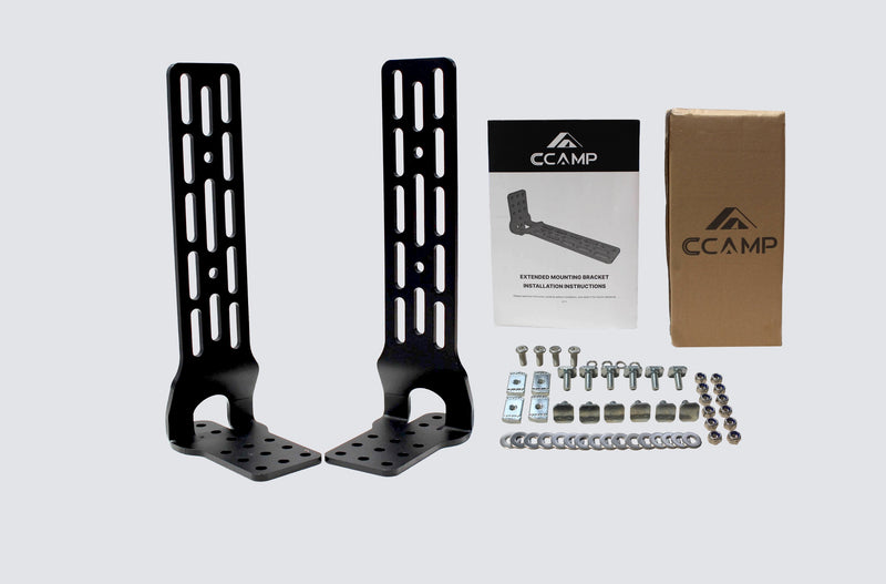 Load image into Gallery viewer, Two black metal brackets with screws and packaging labeled 'CCAMP' on a light gray background.
