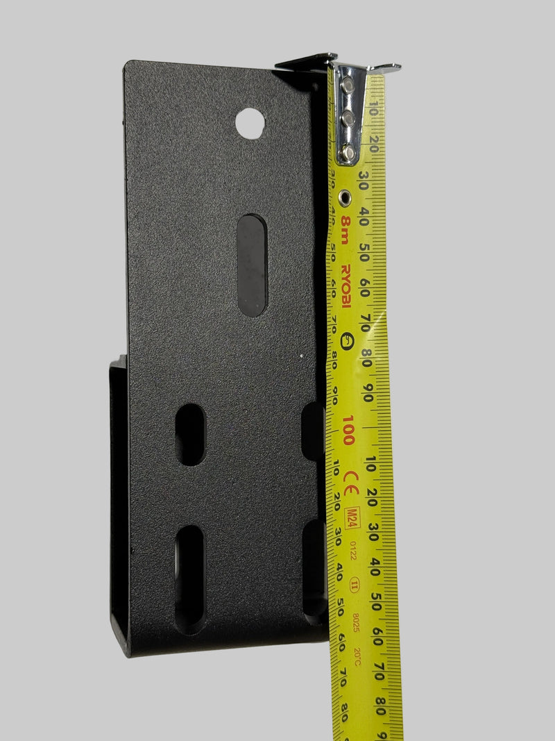 Load image into Gallery viewer, Black metal bracket with a measuring tape showing dimensions on a gray surface
