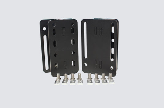 Two awning metal brackets with screws on a light gray background