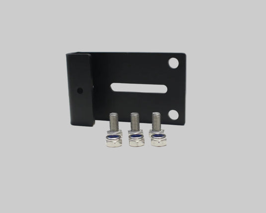 Black metal bracket with three screws on a white surface