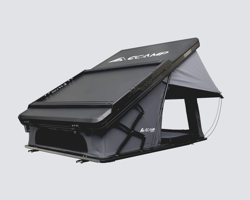Load image into Gallery viewer, Black and gray rooftop tent with &#39;A-Camp&#39; branding on a light gray background
